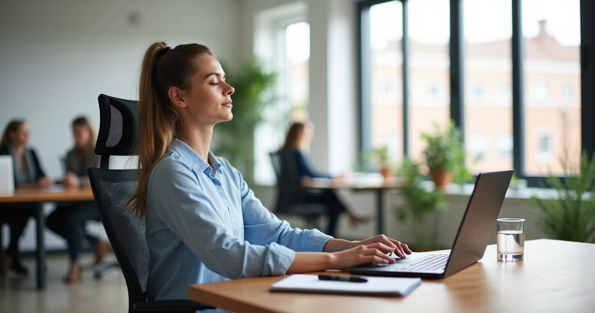 Profissional sentado à mesa de trabalho em escritório moderno praticando presença consciente com olhos fechados 
