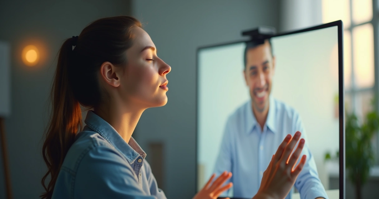 Pessoa fazendo pausa de respiração em reunião online