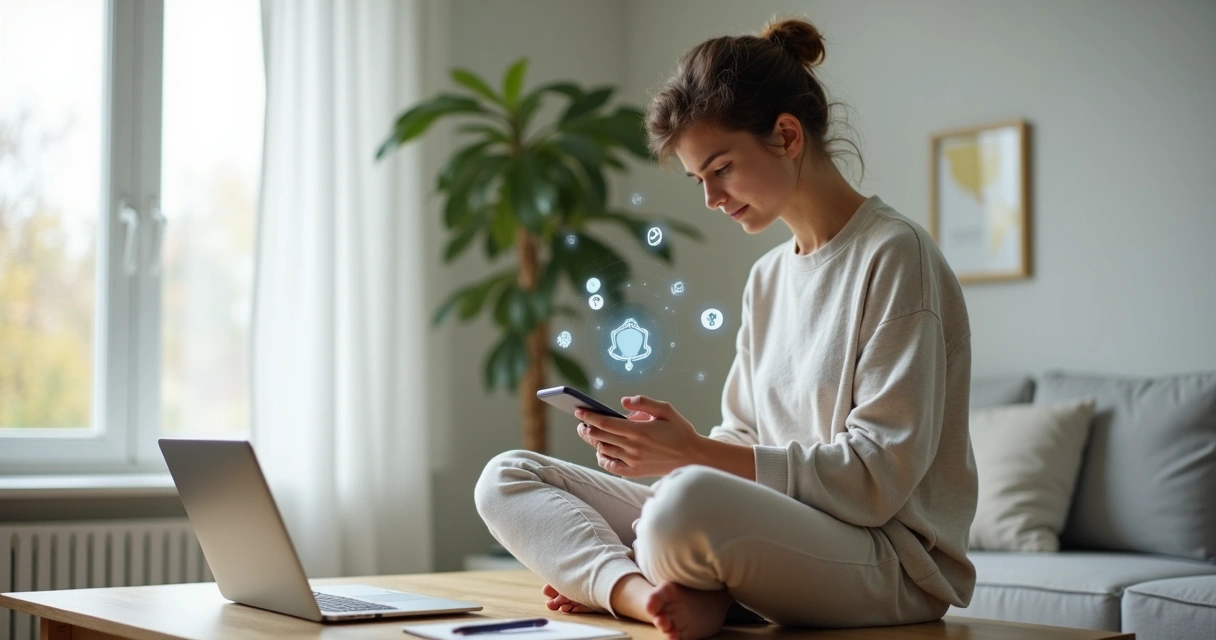 Pessoa usando celular com atenção plena em ambiente calmo enquanto redes sociais aparecem ao fundo 