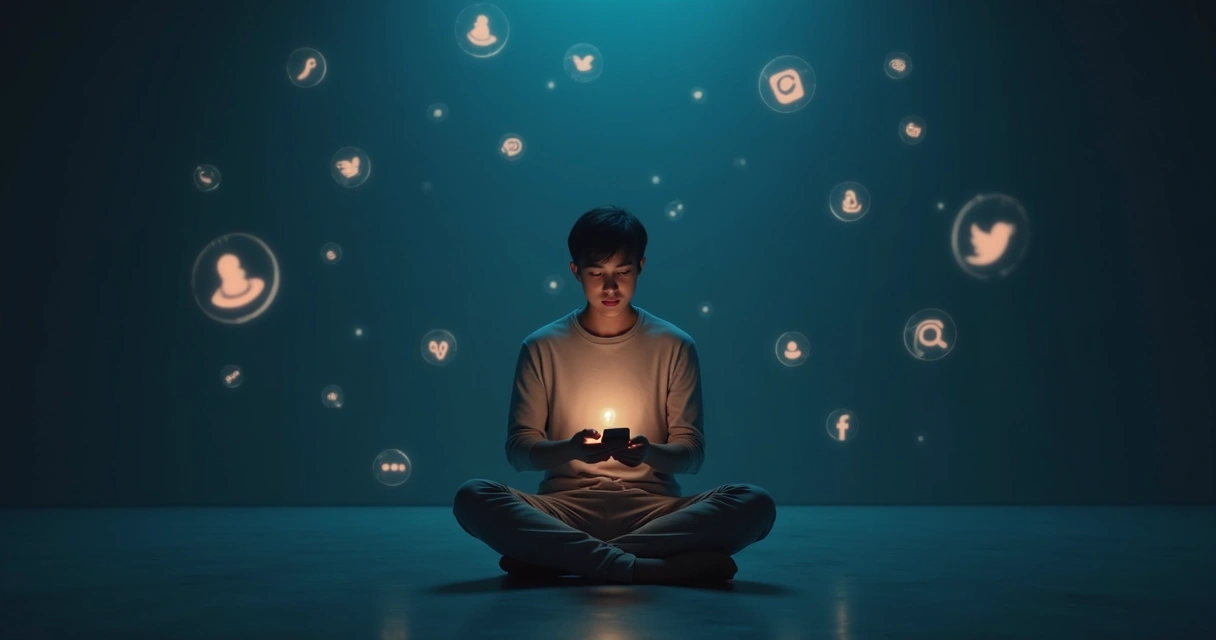 Pessoa sentada em sala escura segurando celular que ilumina um pequeno círculo de presença consciente 