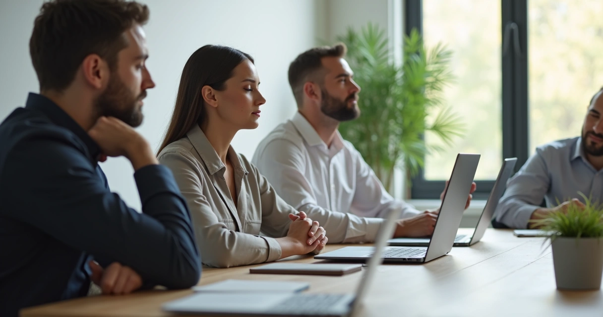 Pessoa em escritório praticando atenção plena, olhos fechados, respirando fundo na mesa durante reunião 