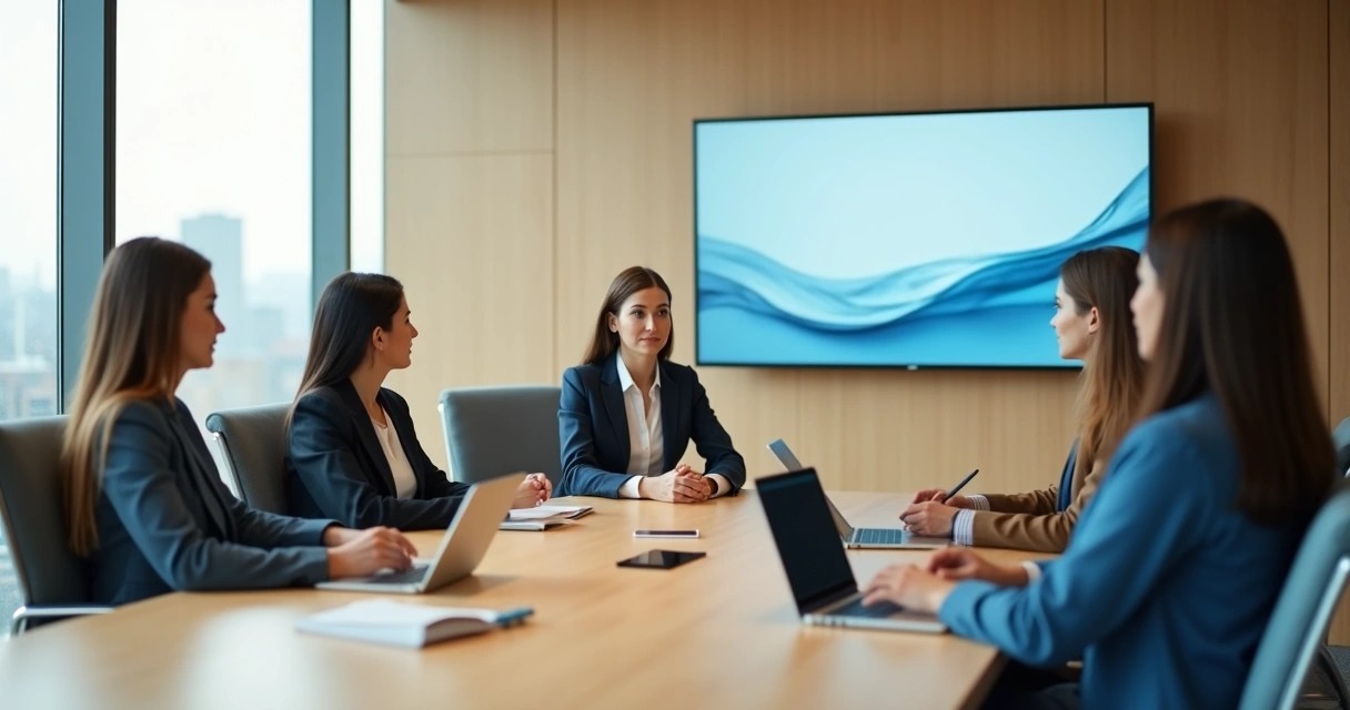 Profissionais em reunião corporativa praticando presença consciente ao redor de uma mesa de reunião moderna 