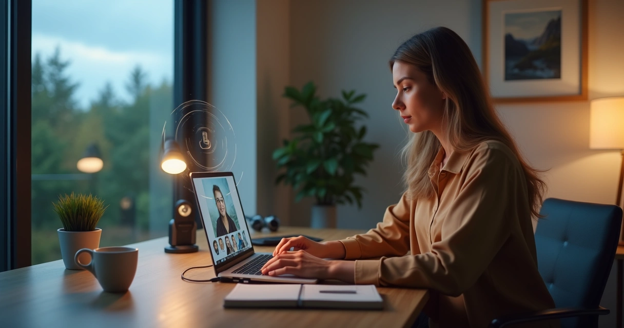 Profissional em reunião online focado com círculo de luz suave ao redor da cabeça 