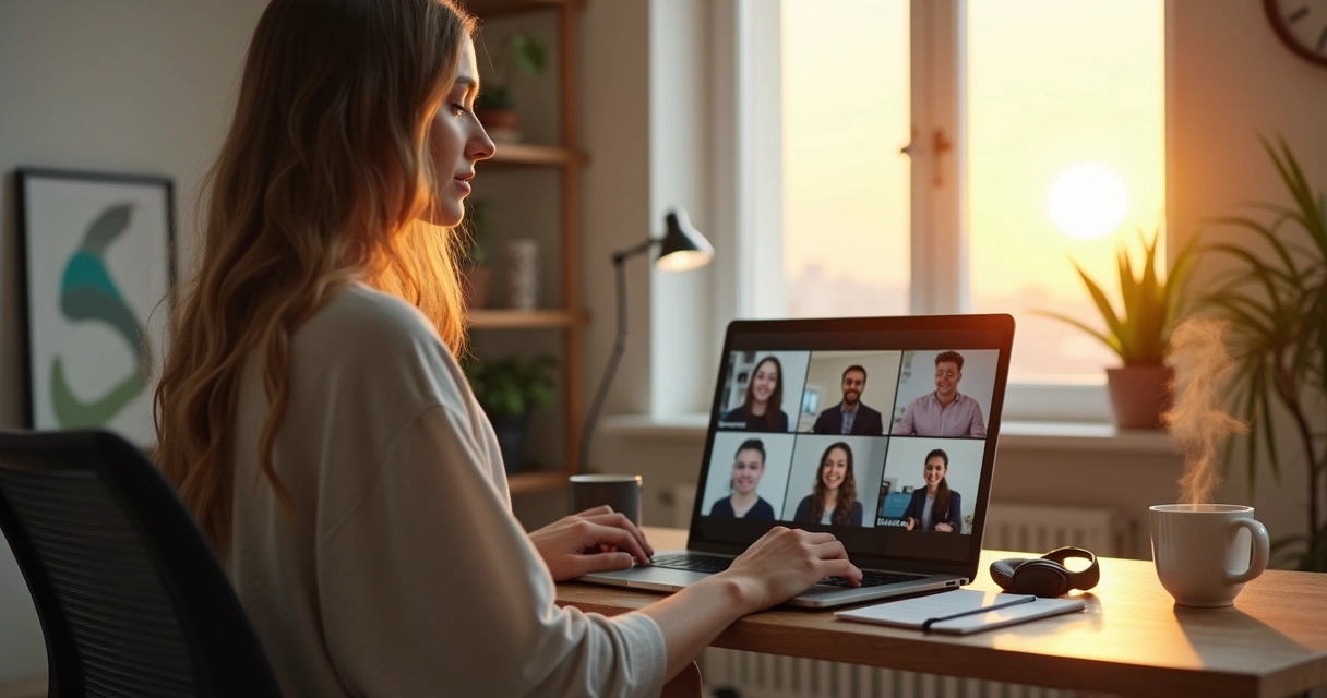 Profissional em chamada de video meditando brevemente antes de entrar na reunião online 