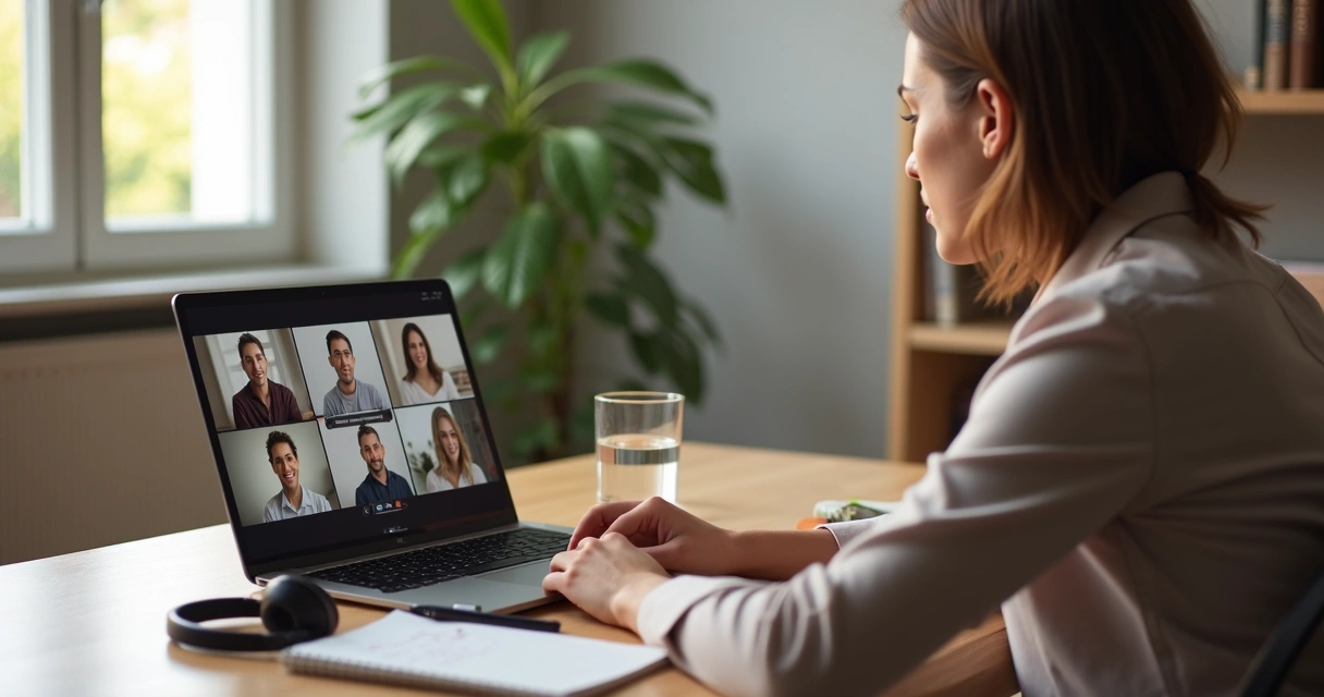Pessoa em videoconferência praticando presença consciente em frente ao computador 