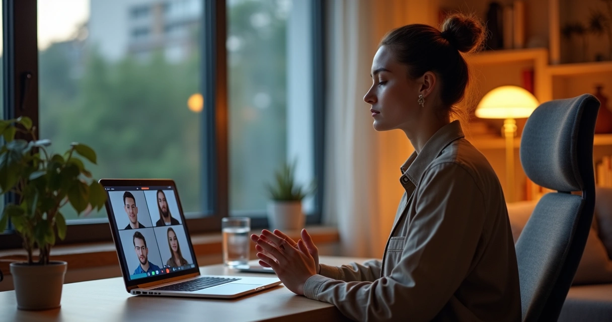 Profissional em reunião online meditando brevemente antes de falar 