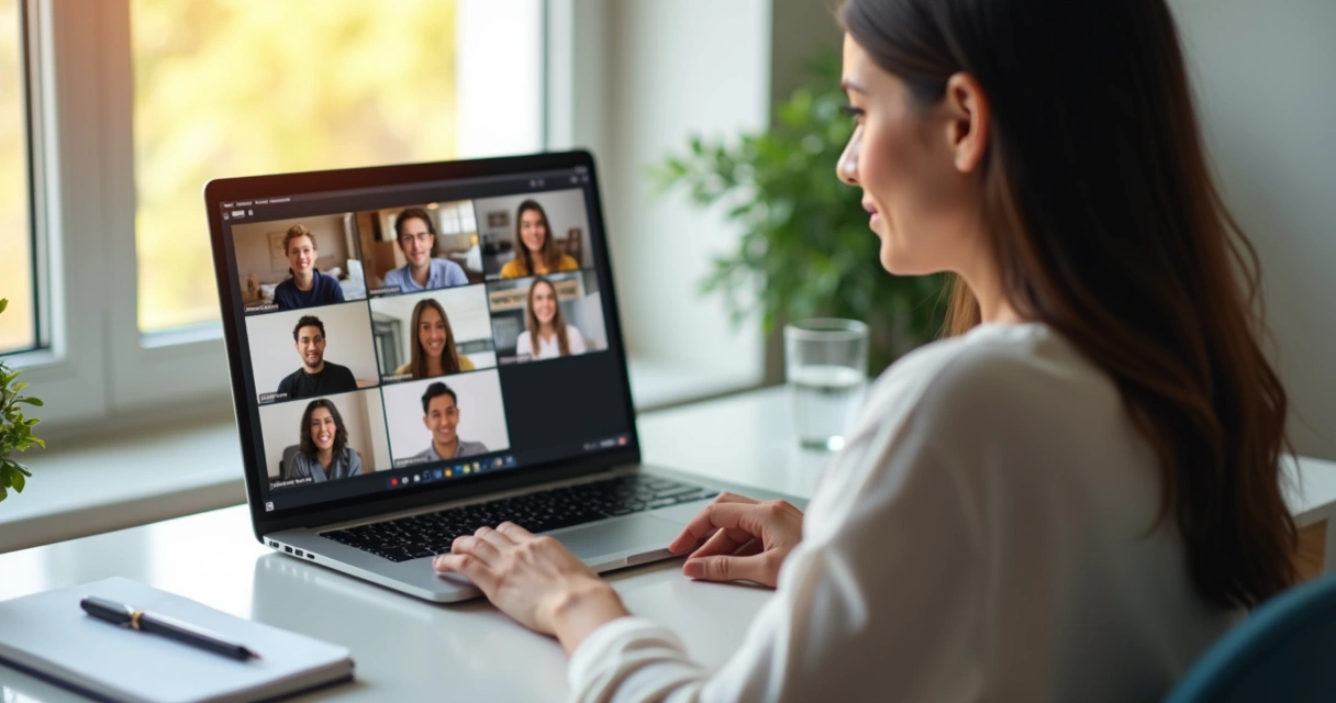 Profissional sentado em frente ao laptop em videoconferência com postura atenta e serena 