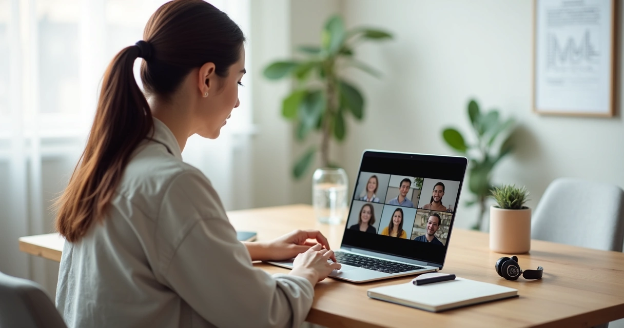 Pessoa em reunião virtual sentado com postura ereta e atenta diante do notebook 