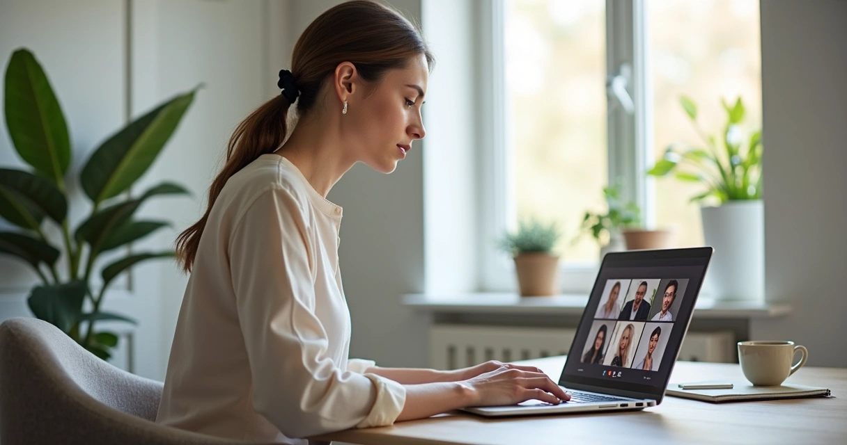 Profissional em videoconferência mantendo postura atenta e serena em ambiente de home office organizado 