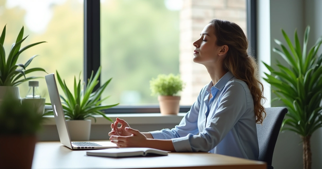 Pessoa sentada na mesa de trabalho praticando técnicas de respiração consciente, com ambiente de escritório calmo ao fundo 