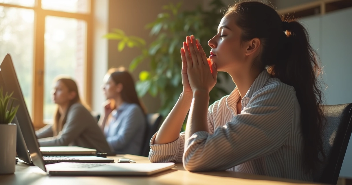 Pessoa sentada à mesa do escritório respirando profundamente