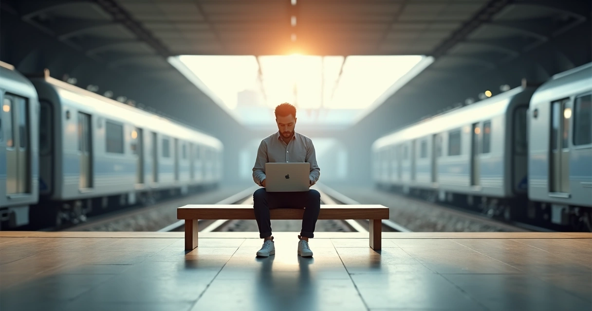 Profissional sentado em estação de metrô entre dois trens, refletindo sobre transição de carreira 