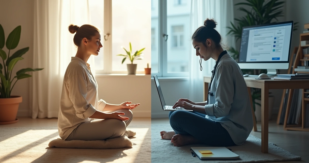 Mulher dividida entre atenção plena e muitas tarefas ao mesmo tempo 