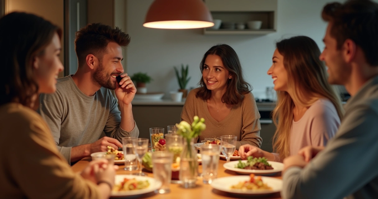 Família conversando ao redor de uma mesa de jantar 