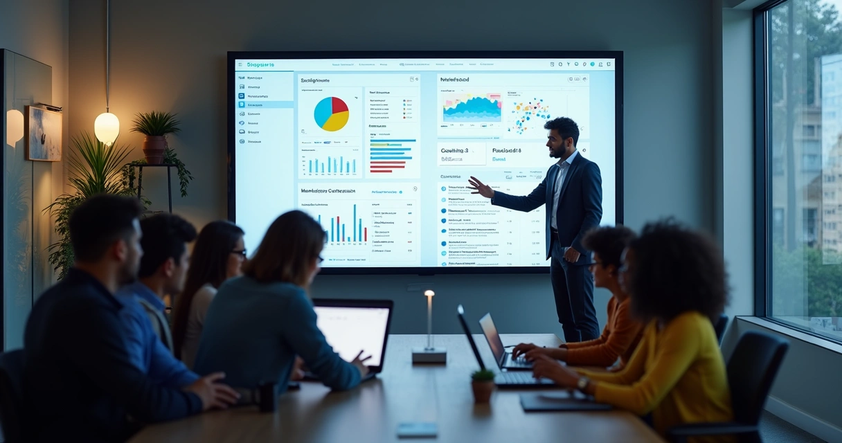 Equipe de agência digital analisando site em tela grande 