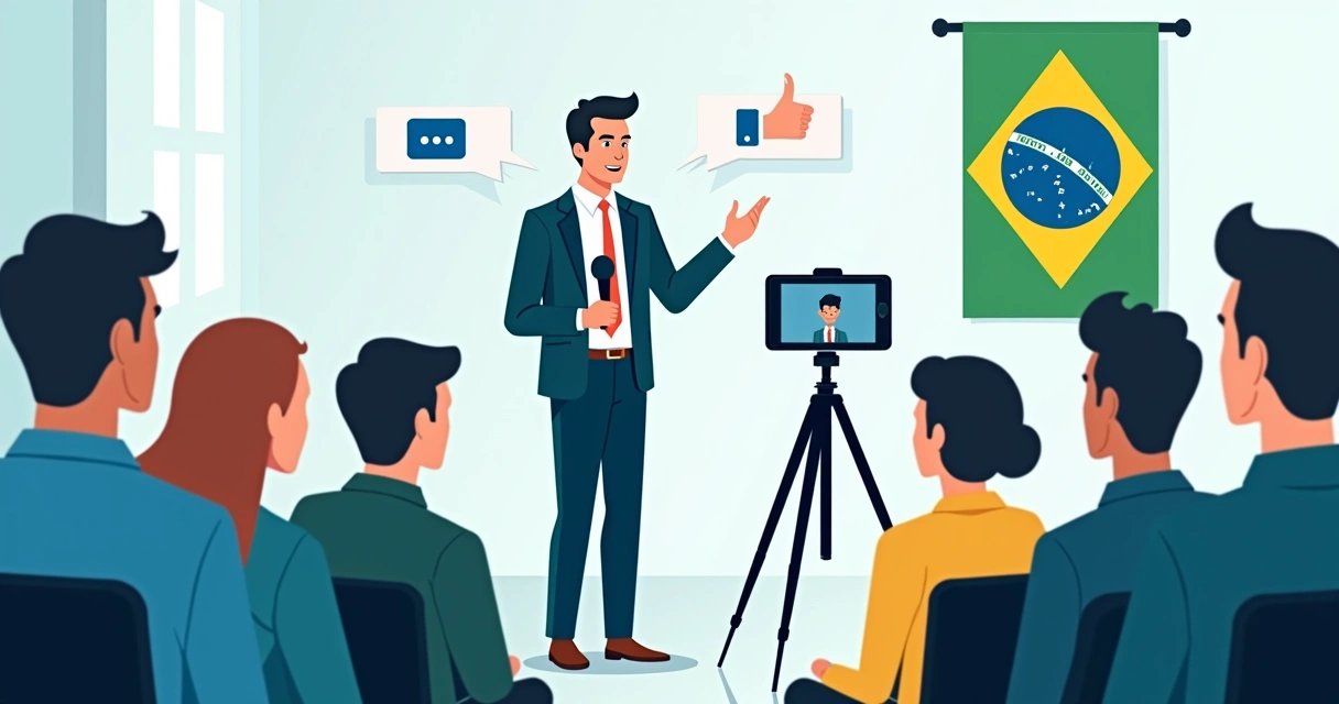 Candidato com microfone sendo filmado enquanto interage com eleitores em reunião digital 