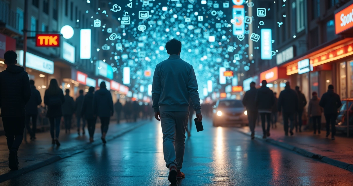 Pessoa caminhando confiante por rua repleta de hologramas digitais coloridos 