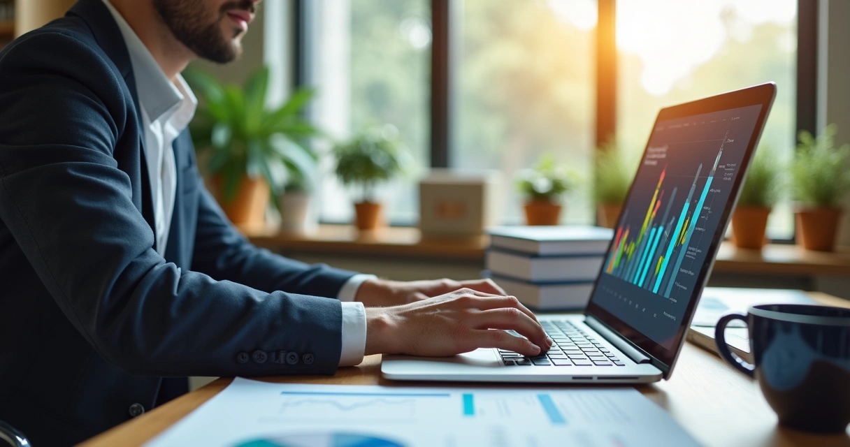 Contabilista usando notebook em escritório moderno com gráficos digitais na tela