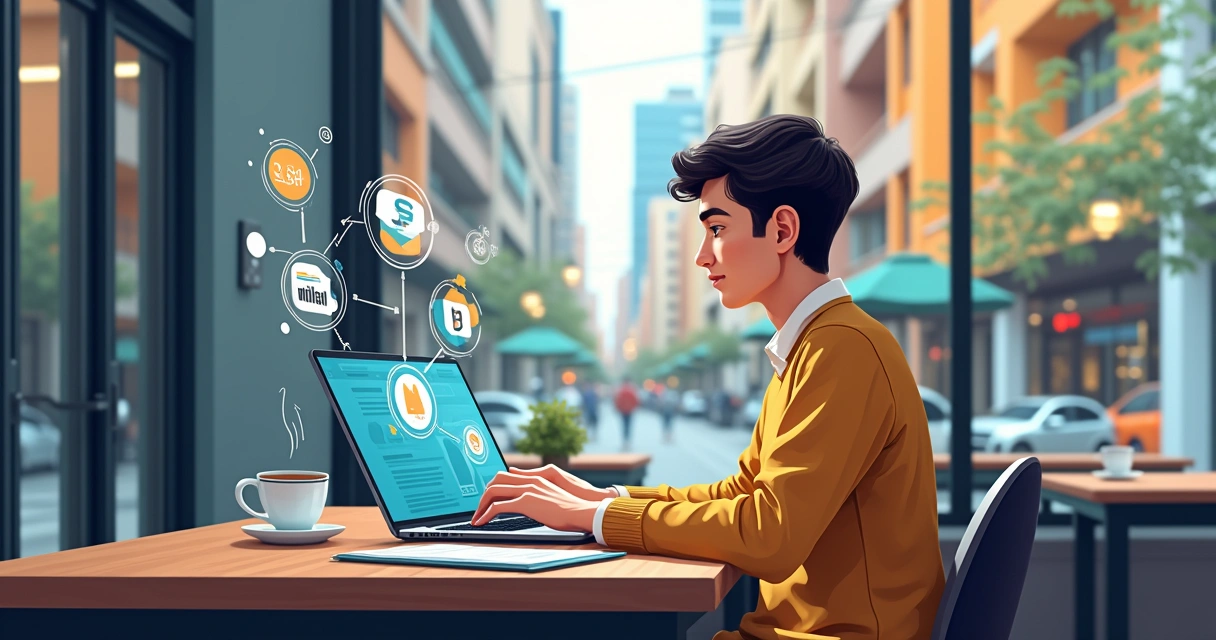 Empresário jovem usando notebook em um café de Curitiba, representando presença digital. 