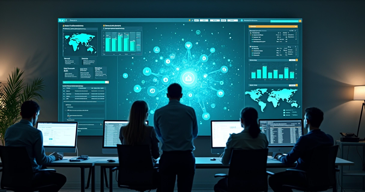 Executivo revendo painéis de presença digital da empresa ao lado de equipe de TI