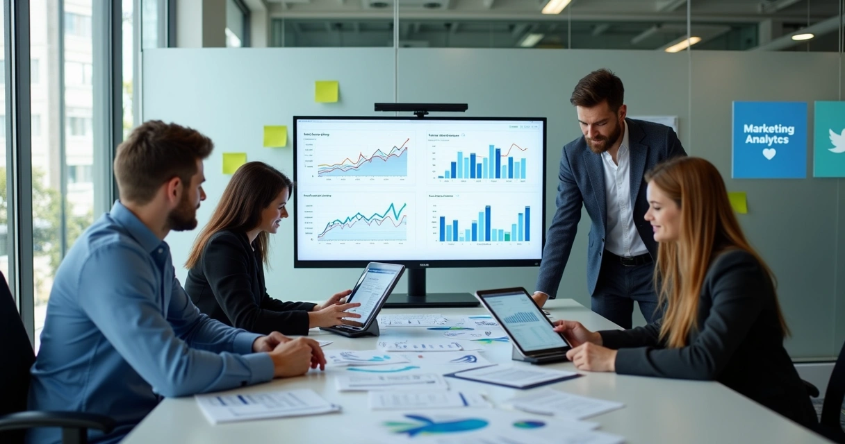 Equipe analisando métricas de marketing digital em computador 