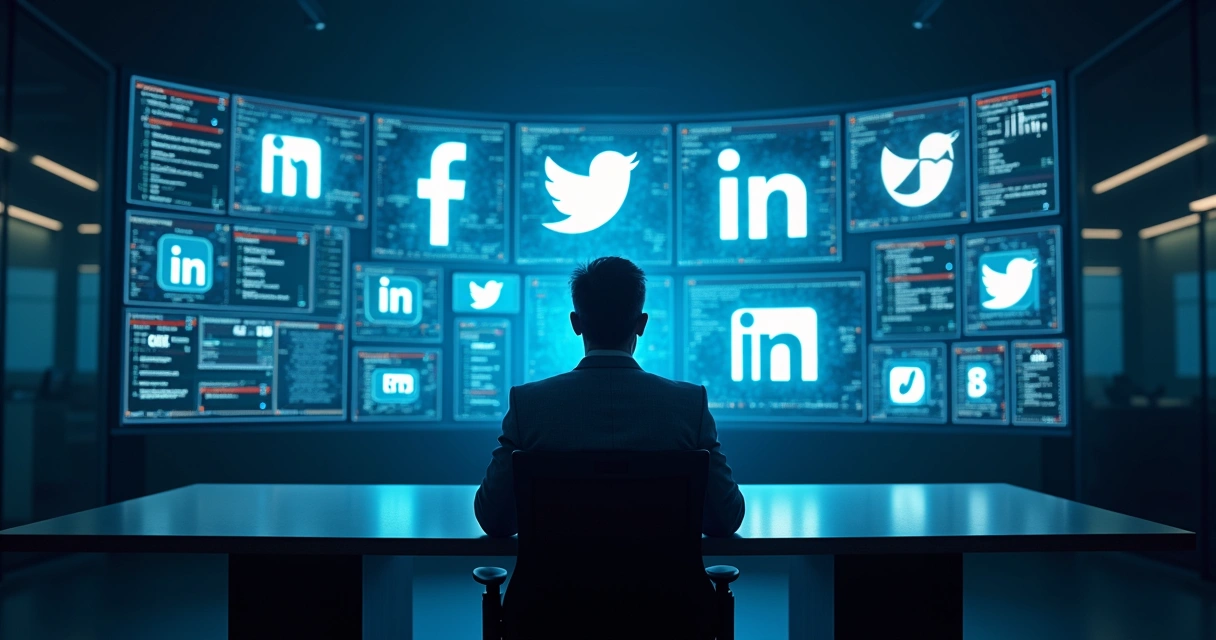 Homem em frente a várias telas digitais com logotipos de redes sociais, trabalhando em um escritório escuro 