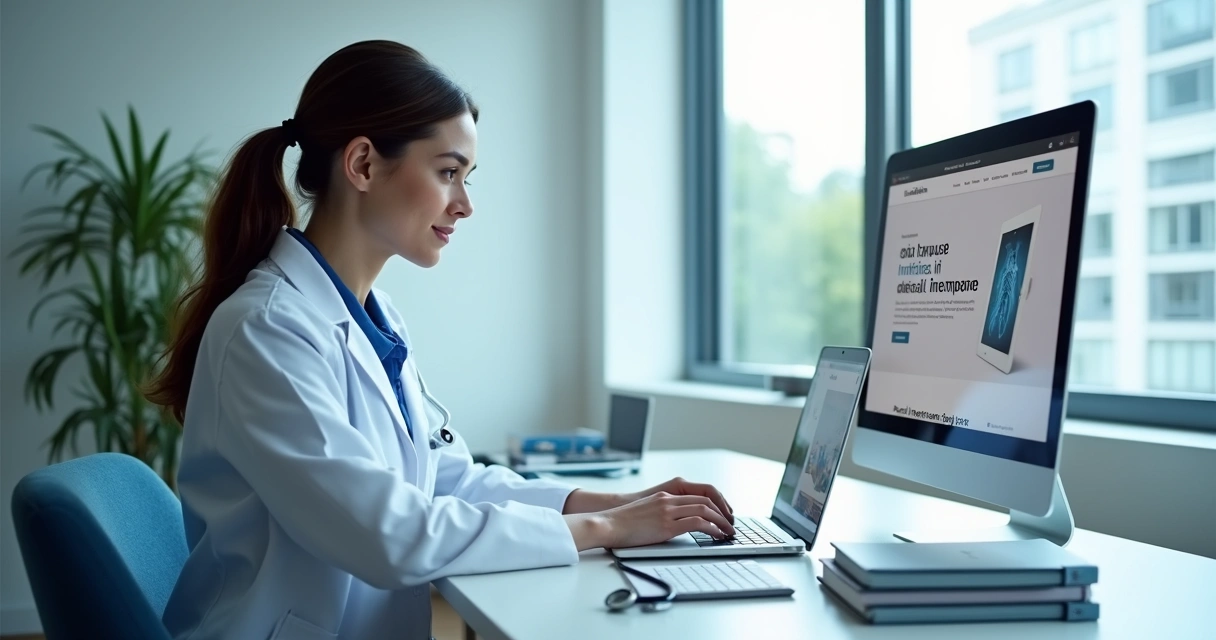 Médico usando notebook em consultório moderno com site aberto na tela 