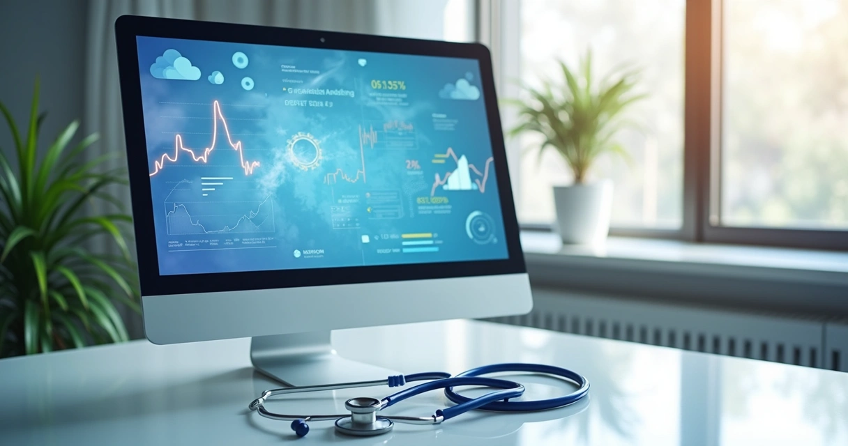 Consultório médico moderno com computador e símbolos digitais