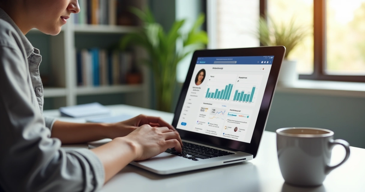 Pessoa mexendo em perfil digital em notebook, com ambiente moderno e tela mostrando análises de perfil 