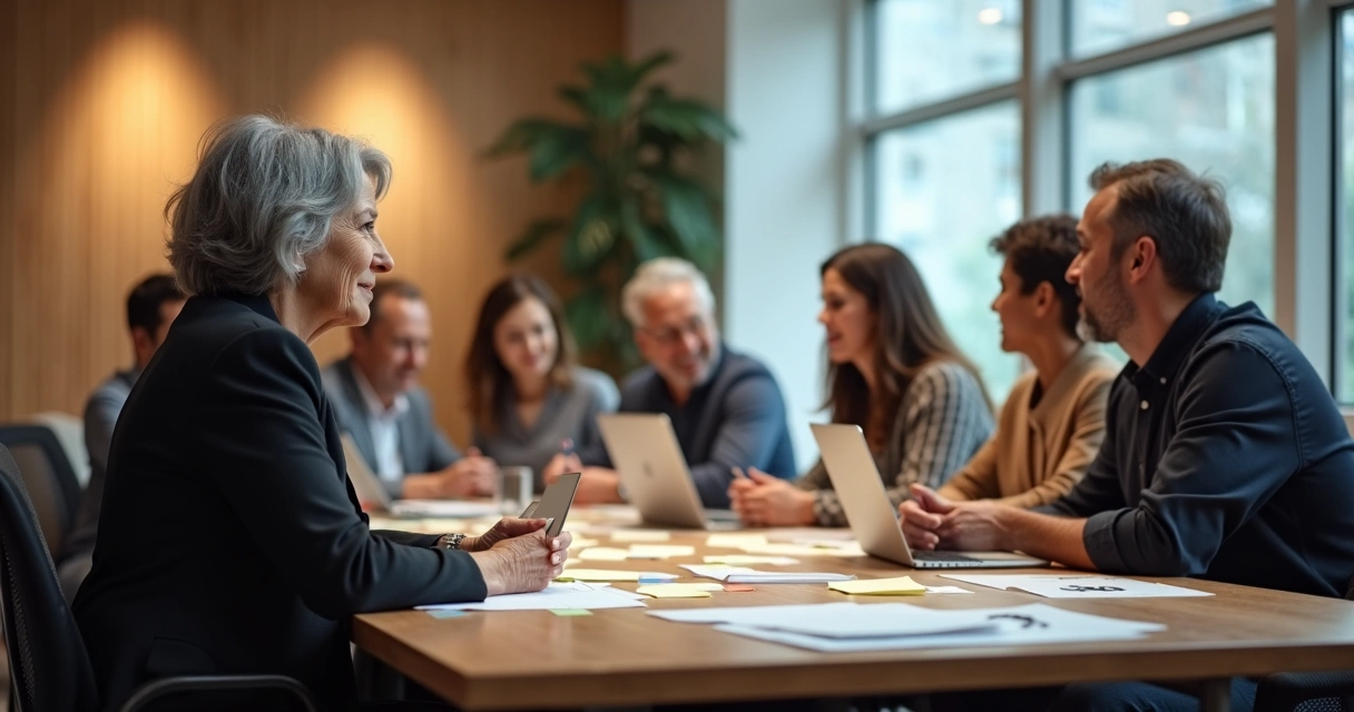 Líder silencioso sentado observando a equipe em trabalho colaborativo
