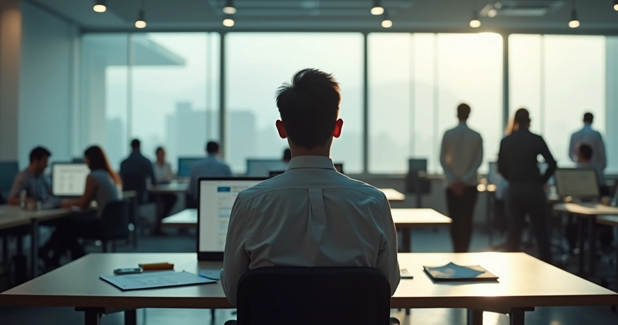Profissional sereno em meio a ambiente de trabalho cheio e acelerado 