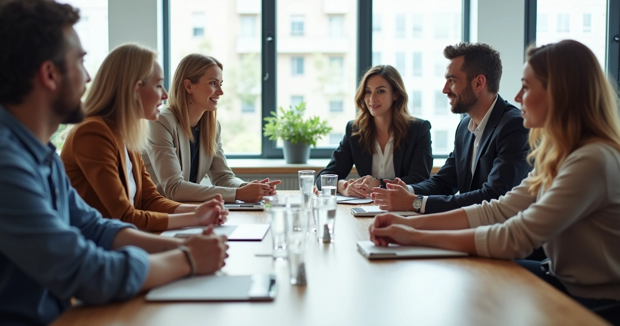 Reunião de trabalho, pessoas atentas em volta de mesa, olhando e ouvindo com atenção 