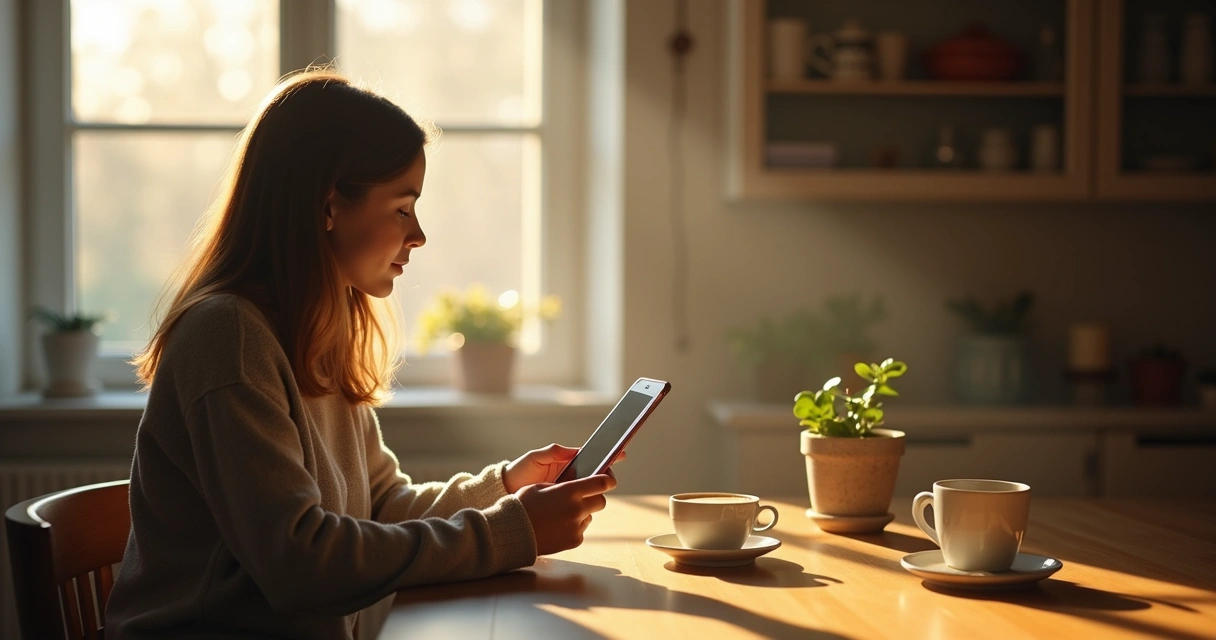 Pessoa sentada à mesa segura o celular em uma mão e segura uma xícara de café na outra, olhando pela janela, focada no momento. Luz suave ilumina o local. 