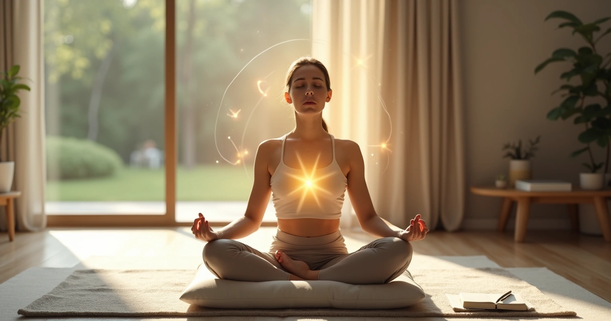 Pessoa em meditação com aura de luz representando presença emocional avançada 