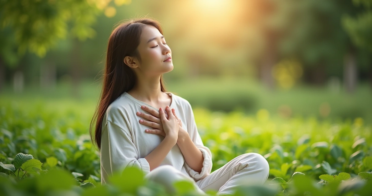 Pessoa sentada em jardim calmo, olhos fechados, tocando o peito com as mãos 