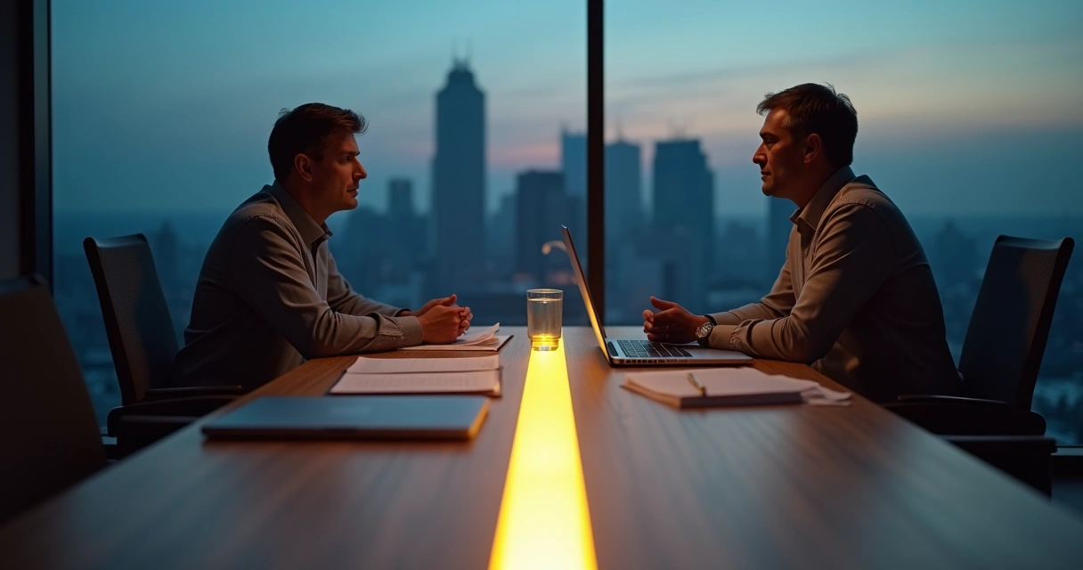 Duas pessoas frente a frente em mesa com linha luminosa ética entre elas 