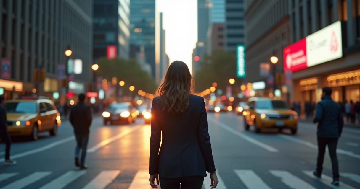 Pessoa em pé no centro de uma cidade caótica mantendo calma e foco 