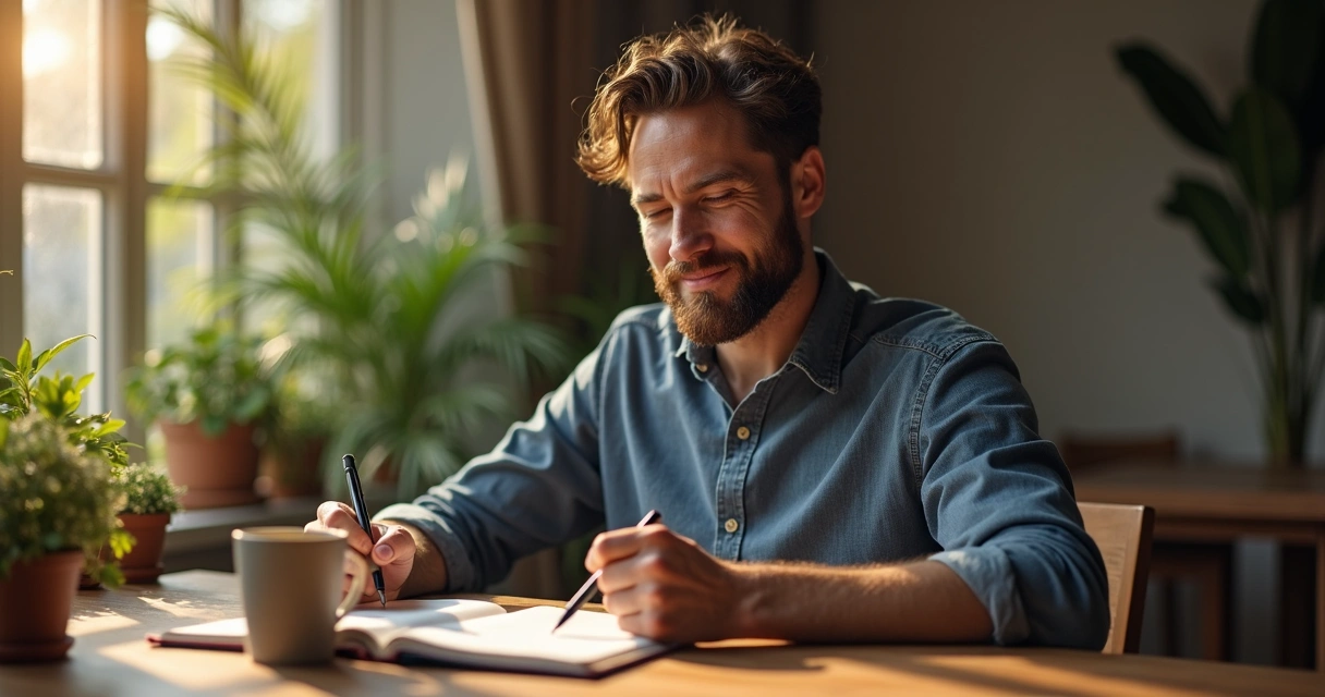 Homem de aparência tranquila sentado na mesa, escrevendo em diário com luz suave 
