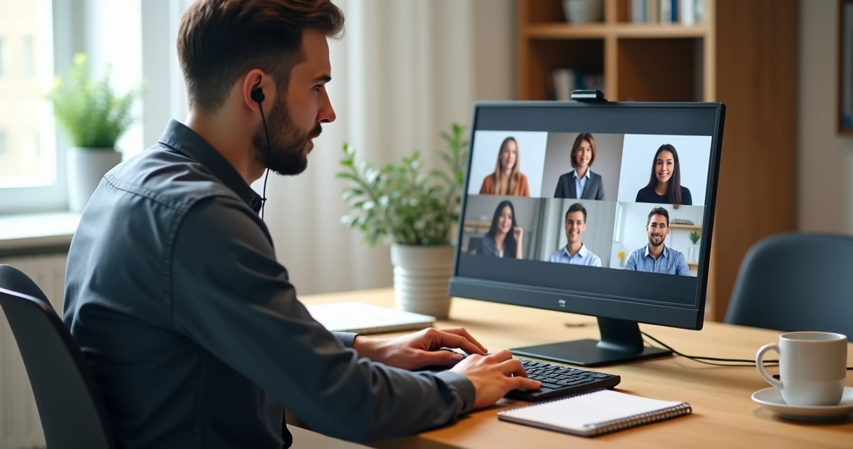 Profissional em videoconferência mantendo olhar atento e postura presente diante do notebook 