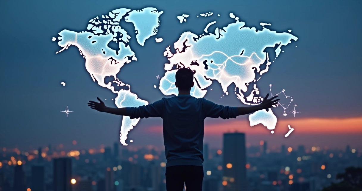 Pessoa em pé em frente a mapa-múndi digital conectado por linhas de luz 