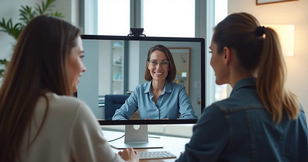 Dois colaboradores em diferentes ambientes participando juntos de uma videoconferência 