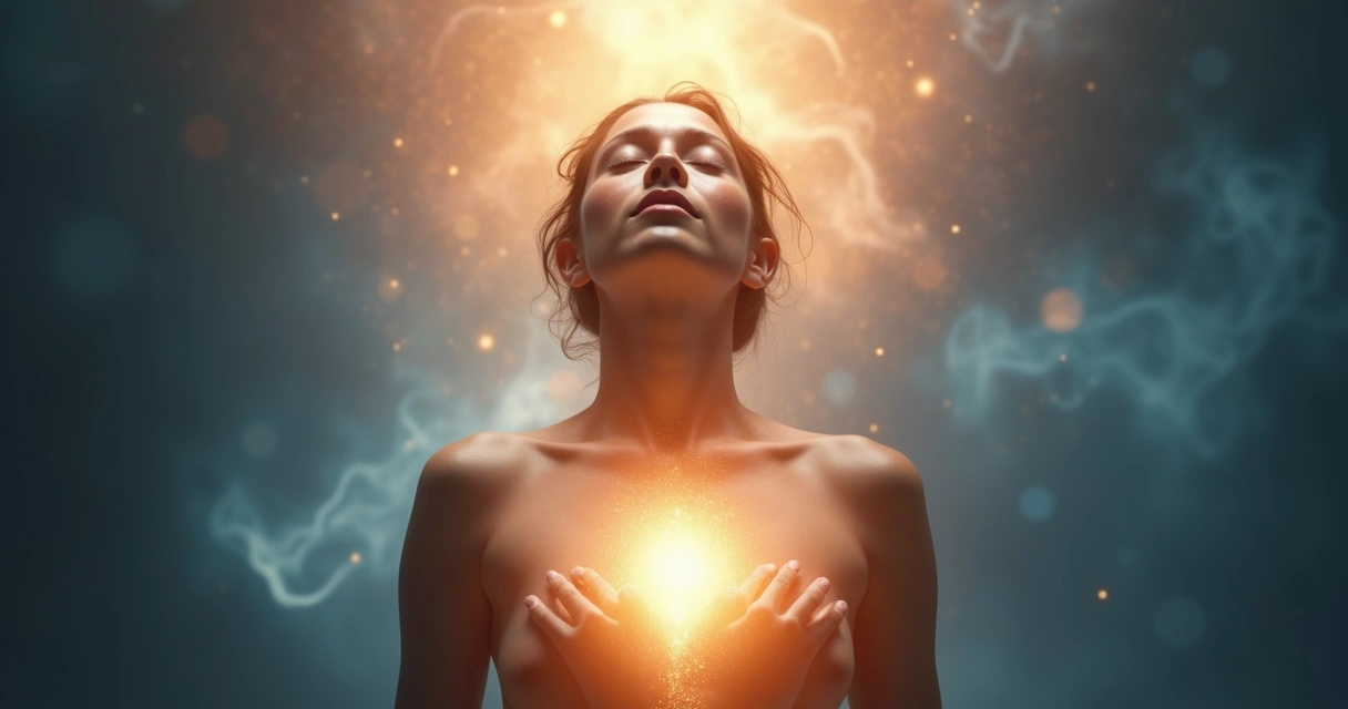 Pessoa de olhos fechados, luz envolvendo cabeça e coração, postura relaxada e confiante 