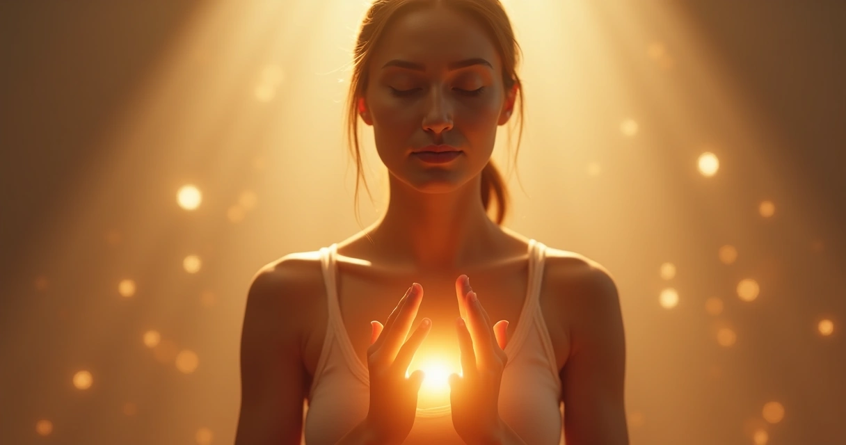 Pessoa serena, olhos fechados, rodeada de luz suave indicando presença e conexão interna. 