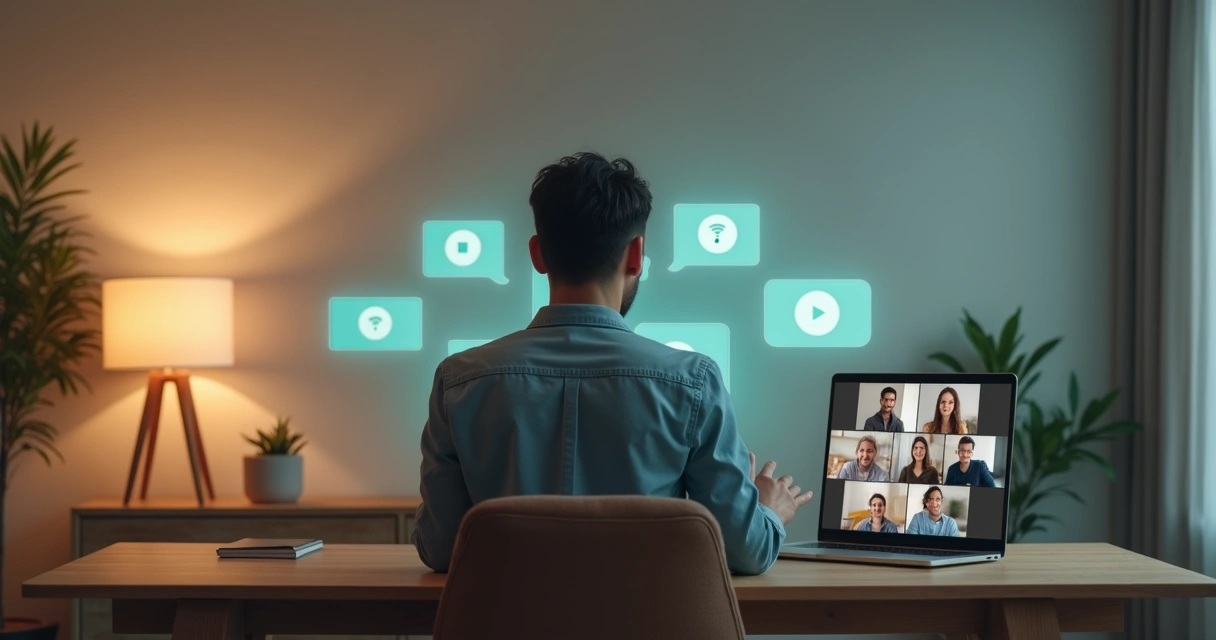Pessoa concentrada em chamada de vídeo em ambiente digital organizado 