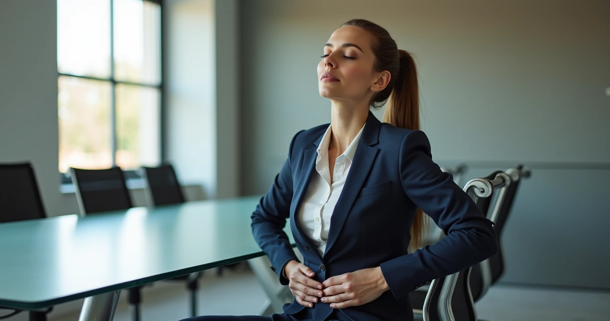 Pessoa sentada em cadeira de escritório com olhos fechados, respirando fundo, ambiente de trabalho sereno