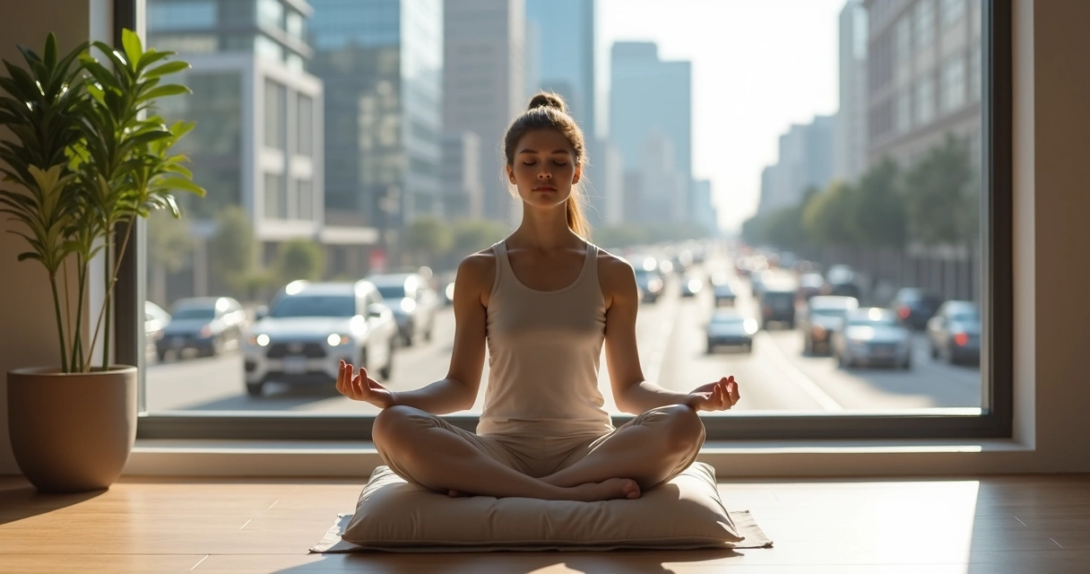 Pessoa sentada em silêncio meditando em meio à cidade movimentada 