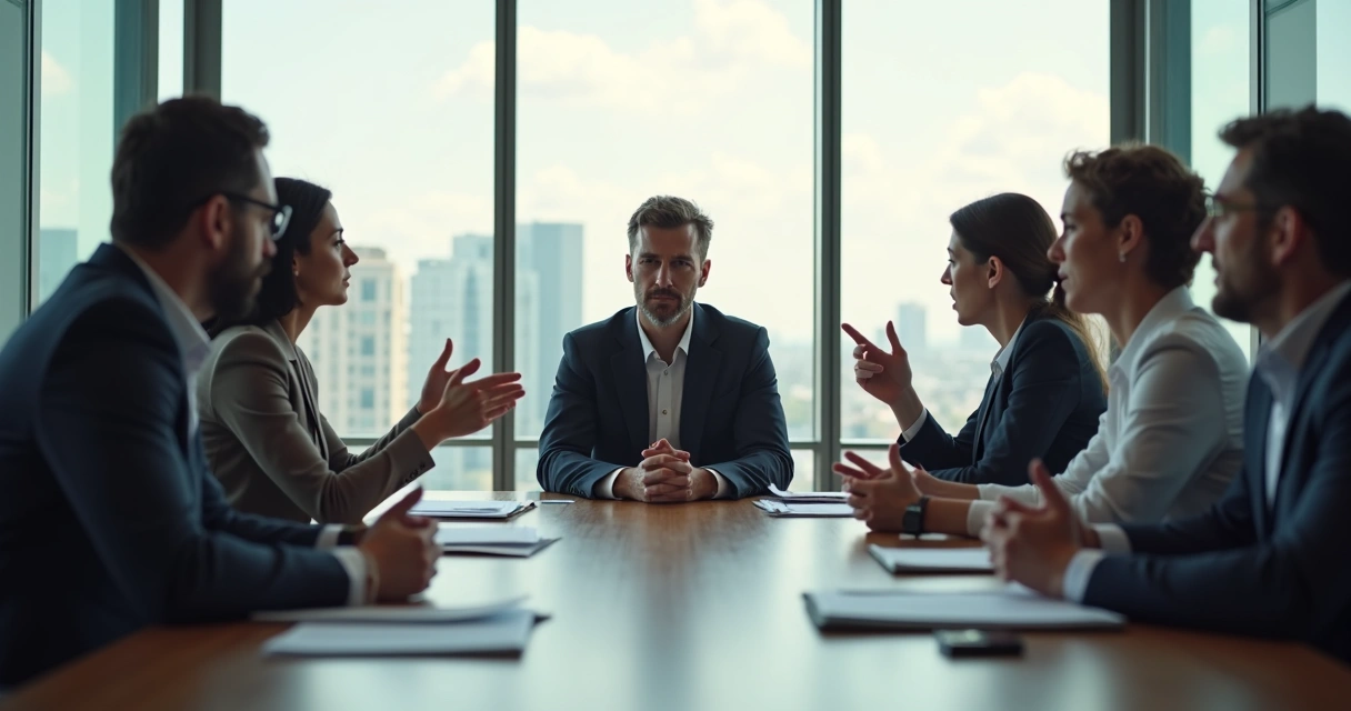 Profissional em reunião difícil mantendo postura calma e centrada 