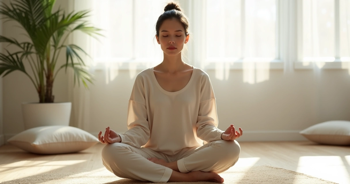 Pessoa sentada em posição de meditação em ambiente calmo, com expressão serena 