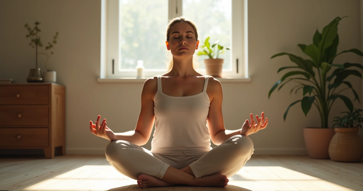 Pessoa sentada em posição de meditação com luz suave ao fundo 