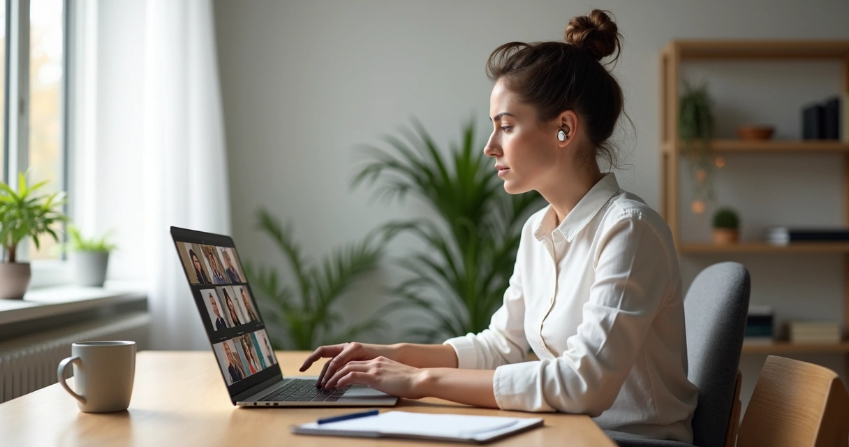 Pessoa focada em reunião virtual com ambiente organizado e tranquilo 
